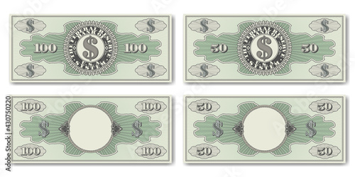 A set of fictional US paper money. Obverse and reverse of 50 and 100 dollar banknotes. Guilloche grids and shadows