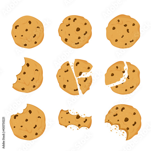 Set of Cookies with chocolate crisps bitten, broken, cookie crumbs in cartoon flat style isolated on white background. Snack bake, traditional bakery or desert.
