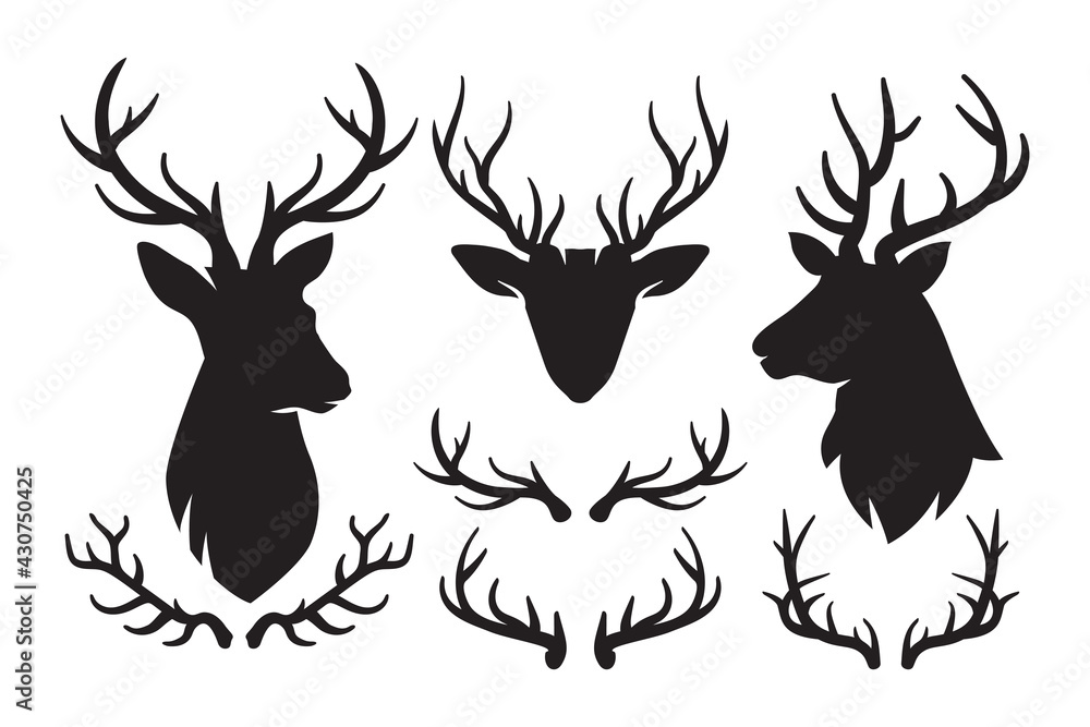 Set of silhouettes of deer and deer antlers, Deer Head icon, Deer antlers black emblems, Vector Illustration Set of silhouettes of deer and deer antlers, Deer Head icon, Deer antlers black emblems, Vector Illustration