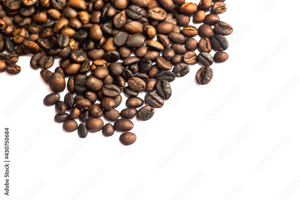 A lot of coffee beans on a white background