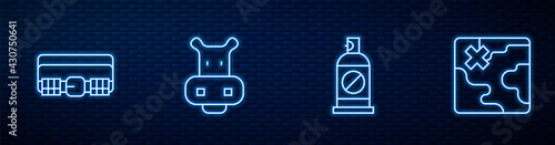 Set line Spray against insects, Hunting cartridge belt, Hippo or Hippopotamus and Africa safari map. Glowing neon icon on brick wall. Vector