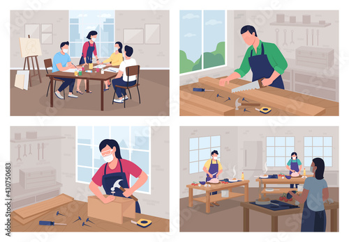 Creative workshop flat color vector illustration set. Cooking course. Carpentry work. Art school. Student in classroom 2D cartoon characters with class interior on background collection