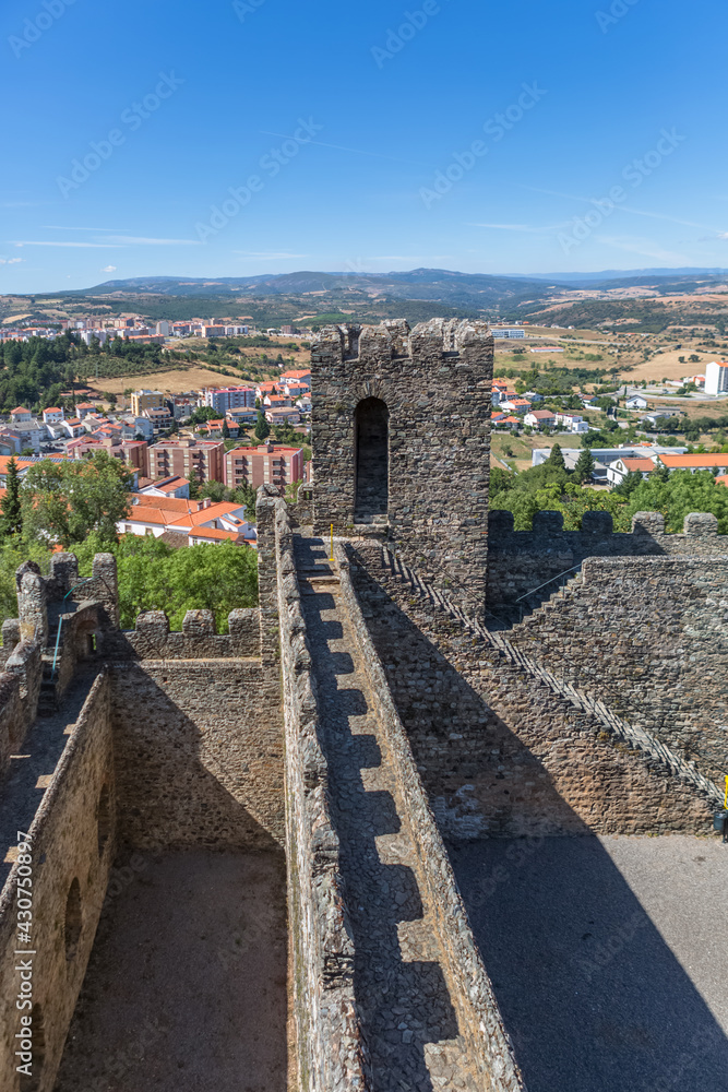 View at the inside fortress with defense towers at the medieval Castle of Braganca, an iconic monument building at the Braganca city, portuguese patrimony