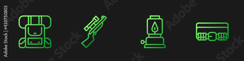 Set line Camping lantern, Hiking backpack, Sniper rifle with scope and Hunting cartridge belt. Gradient color icons. Vector