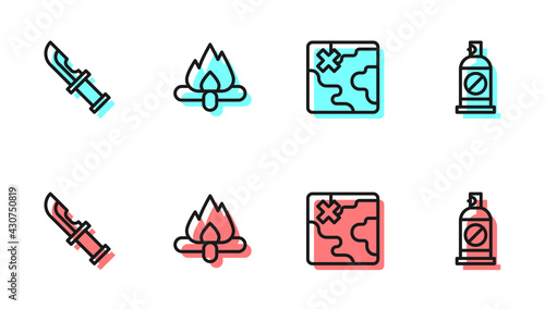 Set line Africa safari map, Hunter knife, Campfire and Spray against insects icon. Vector