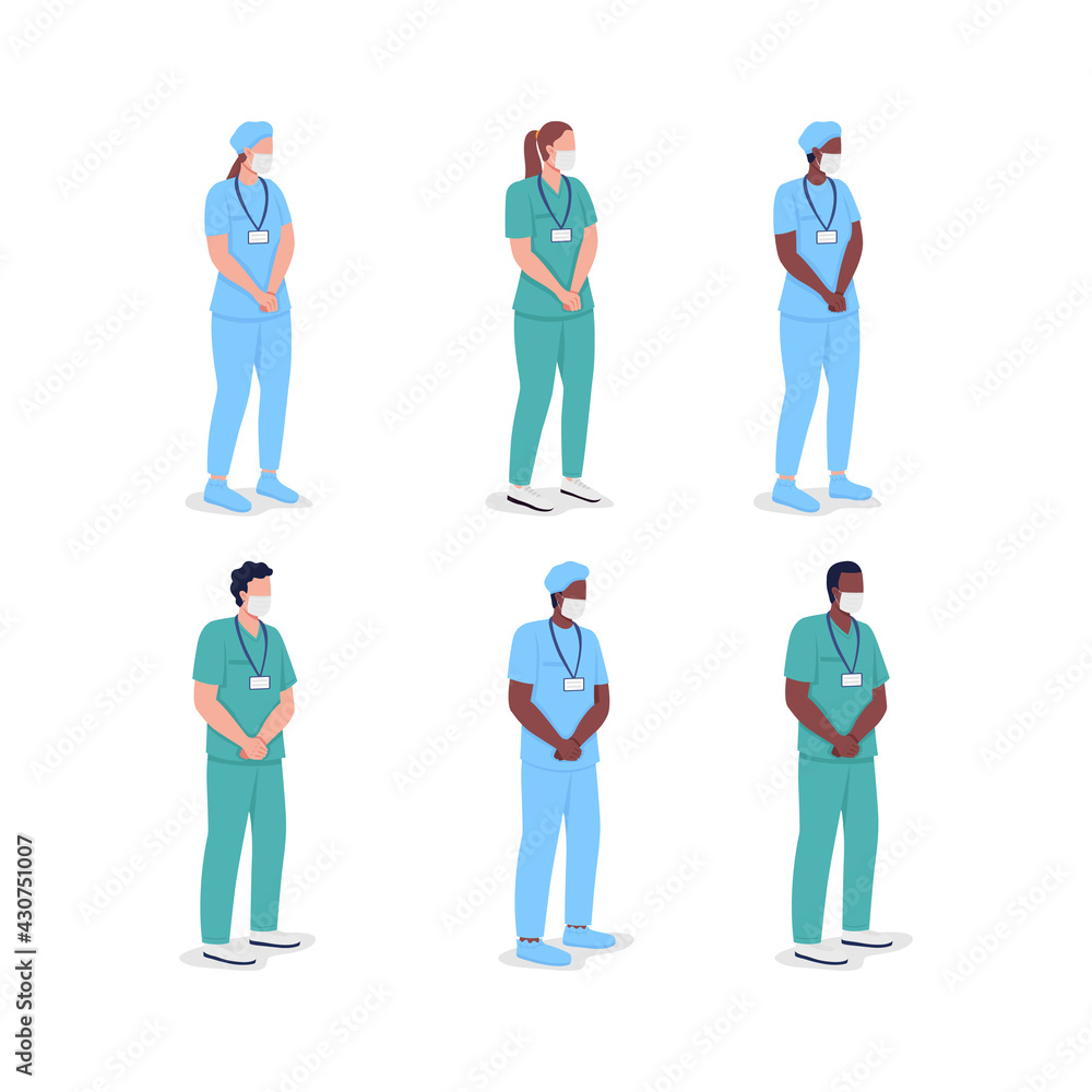 Multicultural doctors flat color vector faceless character set. Professional physicians. Male and female nurses isolated cartoon illustration for web graphic design and animation collection