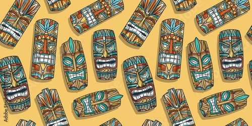 Surfing tiki mask hawaii wooden tiki mask for trendy bar. Traditional ethnic idol and hawaiian surf, maori or polynesian. Design old tribal totem. Seamless pattern