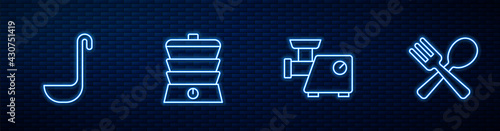 Set line Kitchen meat grinder, ladle, Slow cooker and Crossed fork and spoon. Glowing neon icon on brick wall. Vector