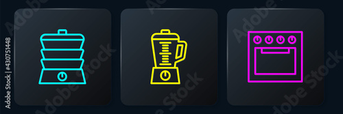 Set line Slow cooker, Oven and Blender. Black square button. Vector