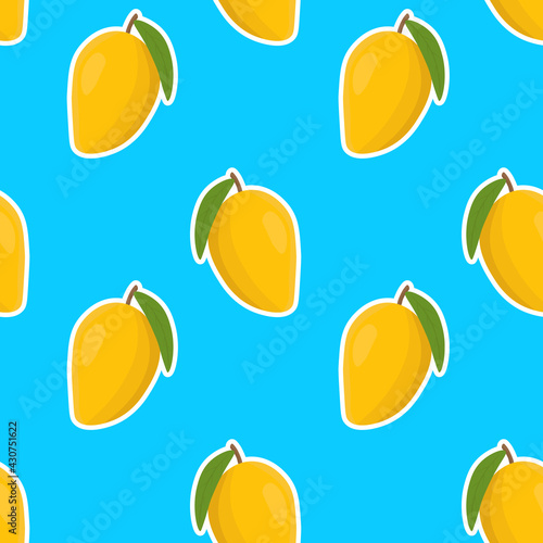 Seamless vector pattern with mango on a blue  background. Suitable for the design of textile fabric, wrapping paper, and wallpaper for websites. Vector illustration.