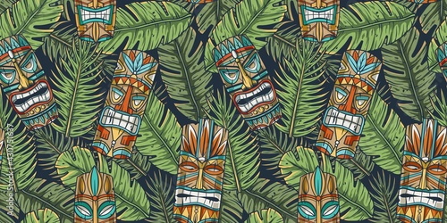 Surfing tiki mask hawaii wooden tiki mask for trendy bar. Traditional ethnic idol and hawaiian surf, maori or polynesian. Design old tribal totem. Seamless pattern
