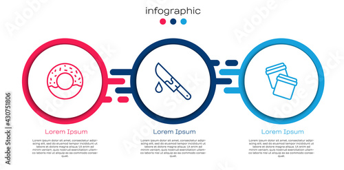 Set line Donut, Bloody knife and Plastic bag with ziplock. Business infographic template. Vector