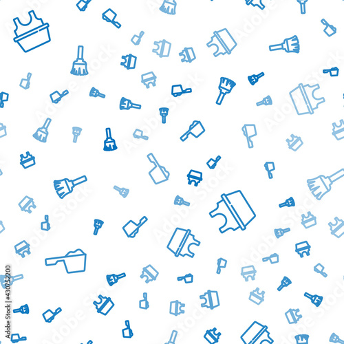 Set line Washing powder, Basin with shirt and Feather broom on seamless pattern. Vector