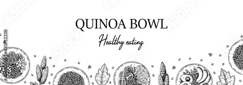 Hand drawn quinoa bowl horizontal design. Vector illustration in sketch style.