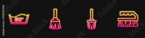 Set line Toilet brush, Temperature wash, Feather broom and Brush for cleaning. Glowing neon icon. Vector