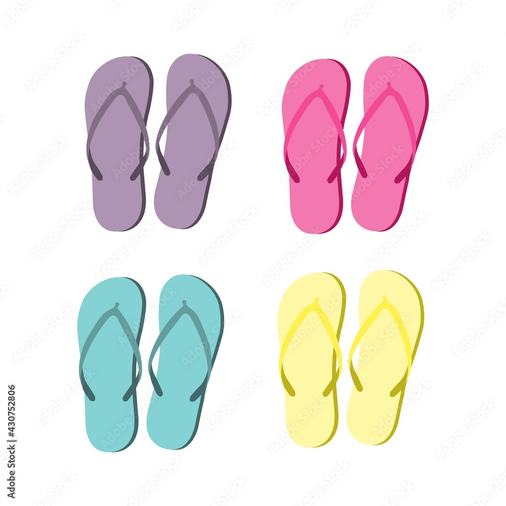 Flat illustration with yellow, pink, green and purple flip flops set on white background. Summer style. Vector pattern. Top view. Flat illustration with yellow, pink, green and purple flip flops set on white background. Summer style. Vector pattern. Top view.
