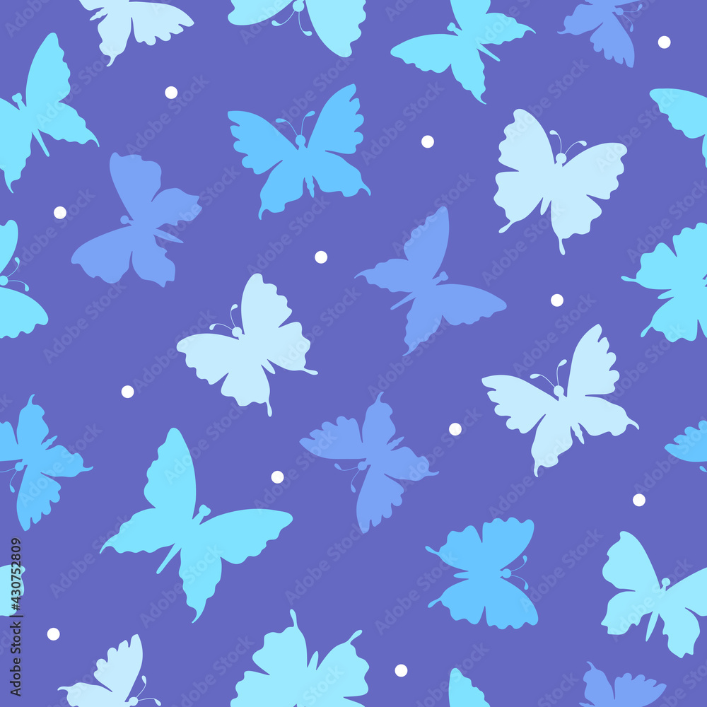 Colorful silhouettes of butterflies and white dots on a calm purple background. Insects. Seamless doodle summer pattern. Suitable for packaging, textile, wallpaper. Colorful silhouettes of butterflies and white dots on a calm purple background. Insects. Seamless doodle summer pattern. Suitable for packaging, textile, wallpaper.