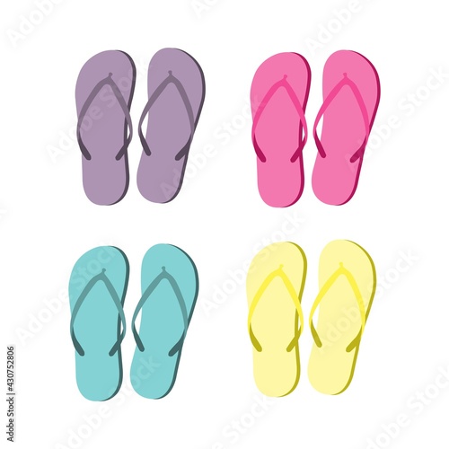 Flat illustration with yellow, pink, green and purple flip flops set on white background. Summer style. Vector pattern. Top view.