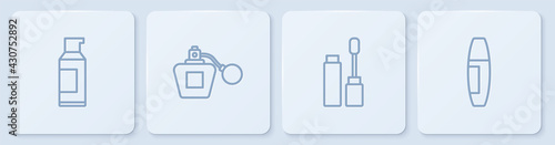 Set line Spray can for hairspray, Mascara brush, Perfume and . White square button. Vector