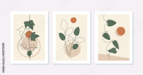 Botanical wall art vector set. Boho foliage line art drawing with abstract shape. Plant art design for print, cover ,wallpaper. Minimal wall poster in bohemian style. Vector illustration.