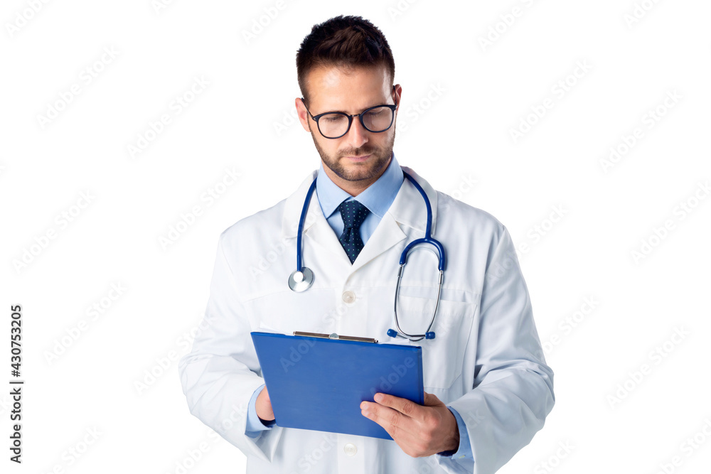 Malde doctor portrait while holding clipboard in his hand and working Malde doctor portrait while holding clipboard in his hand and working