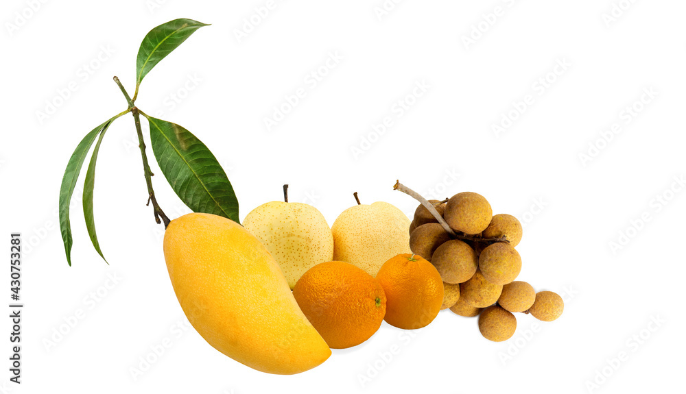 Delicous Asian tropical fruiti with fresh oranges , pear, longan,yellow mango fruit with leaf  on  white background .