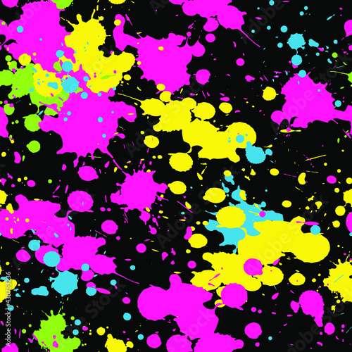 Vector seamless pattern. Multicolor pink  yellow  green  blue blots   drops and splashes on black. Abstract  creative design for textile  wallpaper  wrapping paper  notebook cover  card  poster.