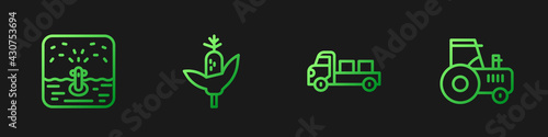Set line Pickup truck, Automatic irrigation sprinklers, Corn and Tractor. Gradient color icons. Vector