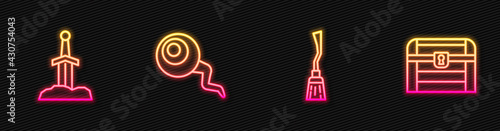 Set line Witches broom, Sword in the stone, Eye and Antique treasure chest. Glowing neon icon. Vector