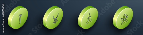 Set Isometric line Magic wand, Pentagram on necklace, Sword in the stone and icon. Vector
