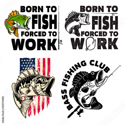 Born to fish, forced to work. Lettering phrase with bass fish illustration. Design element for poster, card, banner, t shirt. Vector illustration