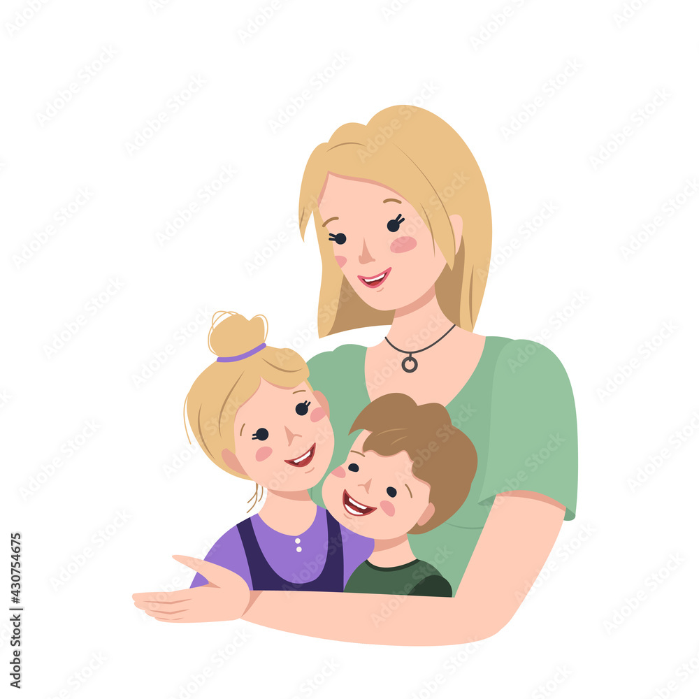 Blonde mom hugs her son and daughter. Happy family day. Mother love and caring for children. International maternity day, women day. People with faces Blonde mom hugs her son and daughter. Happy family day. Mother love and caring for children. International maternity day, women day. People with faces