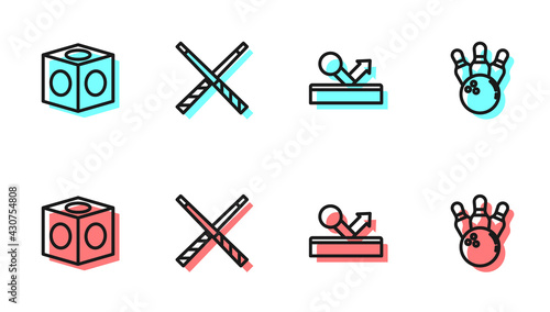 Set line Billiard ball, chalk, Crossed billiard cues and Bowling pin and icon. Vector
