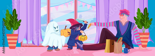 Two children dressed like ghosts In order to fool people to be afraid to ask for snacks in halloween day, trick or tread concept , illustration picture. photo