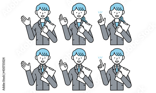 スーツでポーズを取る男女のイラストセット