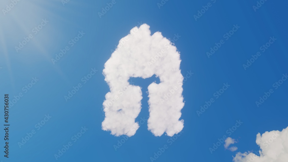 3d rendering of white clouds in shape of symbol of medieval helmet on blue sky with sun 3d rendering of white clouds in shape of symbol of medieval helmet on blue sky with sun
