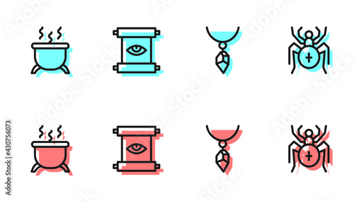 Set line Necklace with crystal, Witch cauldron, Ancient magic scroll and Spider icon. Vector