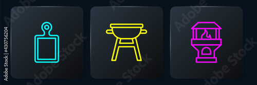 Set line Cutting board, Brick stove and Barbecue grill. Black square button. Vector