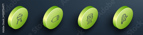 Set Isometric line Barbecue grill, Salami sausage, Brick stove and Oven glove icon. Vector