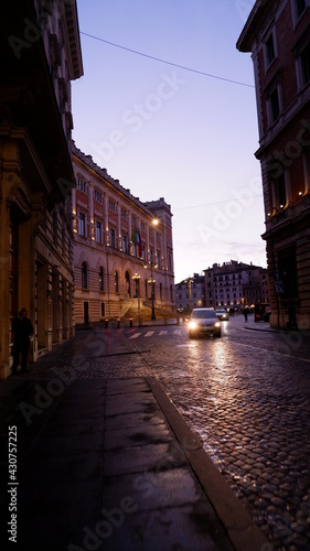 Evening or night view of old cozy street in Rome  Italy. Cityscape of italian capital with nobody.