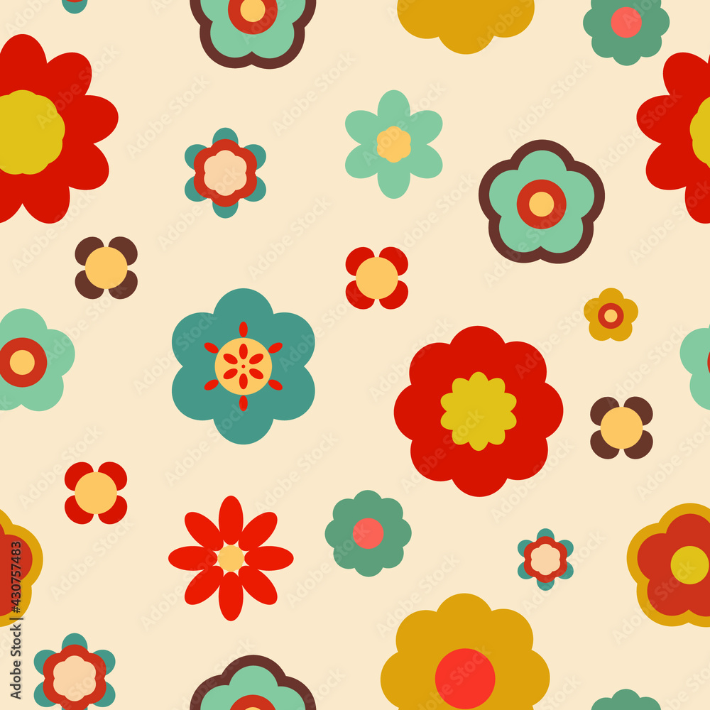 Colorful floral retro repeat pattern, vibrant flat flowers, 70s vintage style endless pattern, childish bloomy pattern, flower power pattern