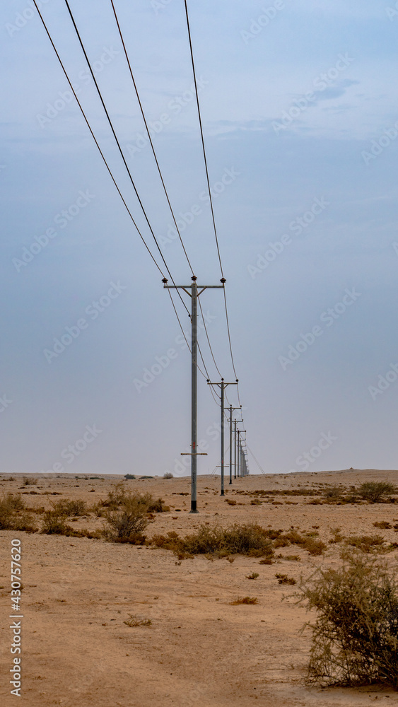 Desert landscape with electric towers . Selective focus