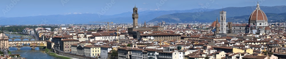 Panorama view of cityscape of the city of Florence with Old Bridge (Ponte Vecchio) Palace of Town Hall and Cathedral of Santa Maria del Fiore. Italy.