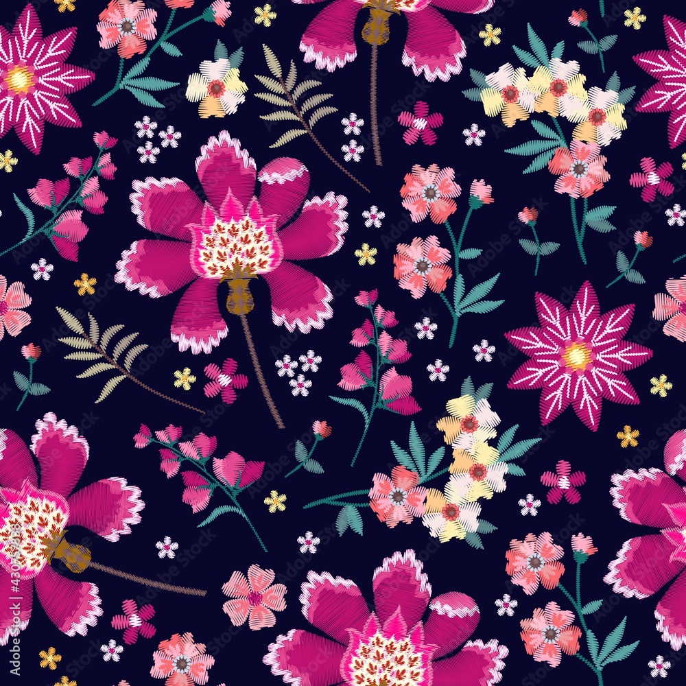 Embroidery seamless pattern with beautiful flowers. Vector floral ornament with fantasy motifs. Embroidery seamless pattern with beautiful flowers. Vector floral ornament with fantasy motifs.