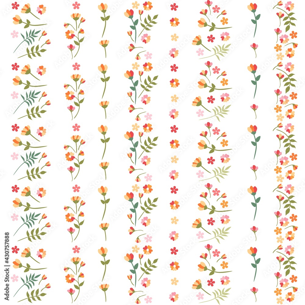 Beautiful floral ornament with vertical stripes from flowers on white background. Seamless pattern. Print for fabric, textile, wallpaper.