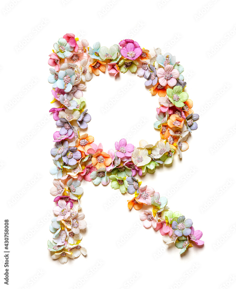 The letter R. Floral alphabet. Set of flower letters isolated on white. Flower font. The letter R. Floral alphabet. Set of flower letters isolated on white. Flower font.