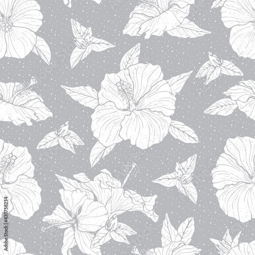 Monochrome seamless pattern with line art gray hibiscus flowers, buds and leaves, with gray outline. On white background. Stock vector illustration.