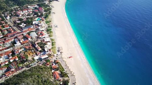 Amazing beautiful panoramic view from drone of natural park of Oludeniz and Fethiye blue lagoon and tranquil aquamarine dead sea.
