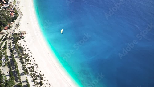 Amazing beautiful panoramic view from drone of natural park of Oludeniz and Fethiye blue lagoon and tranquil aquamarine dead sea.
