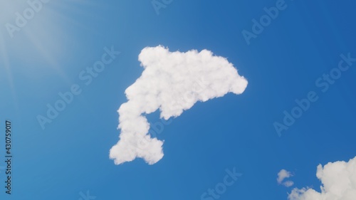 3d rendering of white clouds in shape of symbol of dolphin on blue sky with sun